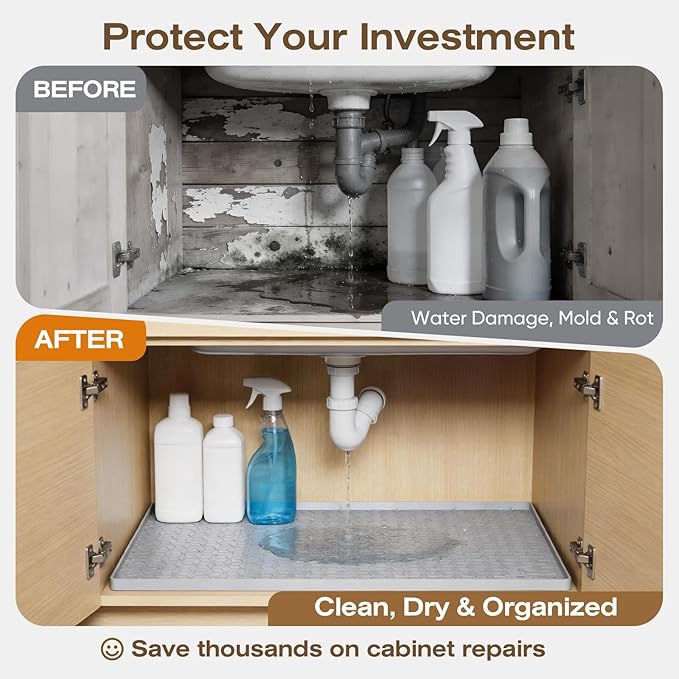 TRZZ Silicone Waterproof Under Sink Mat 34" x 22", Drip Tray and Cabinet Liner for Kitchen and Bathroom, Prevents Water Damage and Organizes Cabinets (Mint Green)