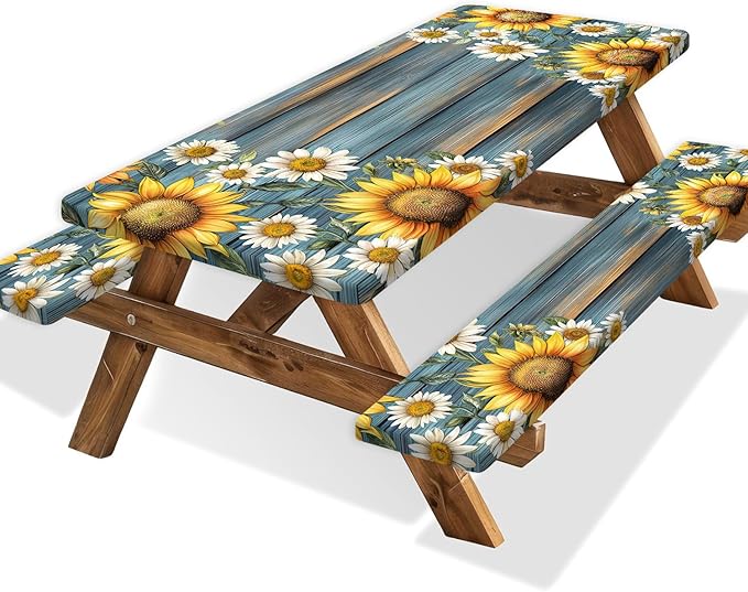 Picnic Table Cover with Bench Covers Camping Essentials Waterproof Windproof Camping Tablecloth with Drawstring Bag, Fitted Rectangle Tables and Seats, 96in, Teal Wooden Sunflower
