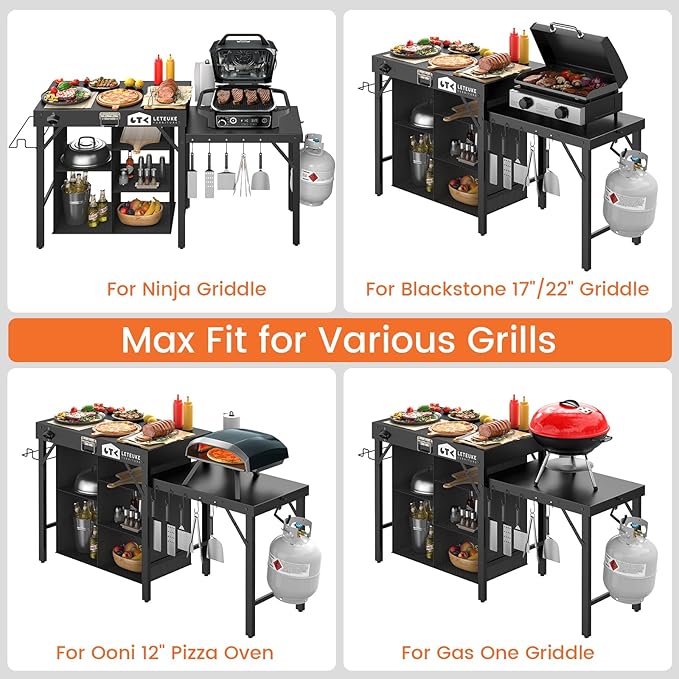 Leteuke Grill Table for Blackstone Griddle, Portable Foldable Grill Table with Storage Fits Ninja, Blackstone Griddle Stand for Outdoor Camping, Picnic, Garden, Patio, Dining, BBQ, Party