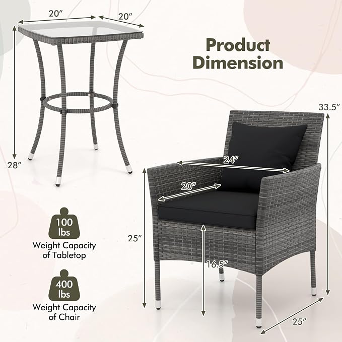 Tangkula 3-Piece Patio Furniture Set, PE Wicker Conversation Bistro Set w/A