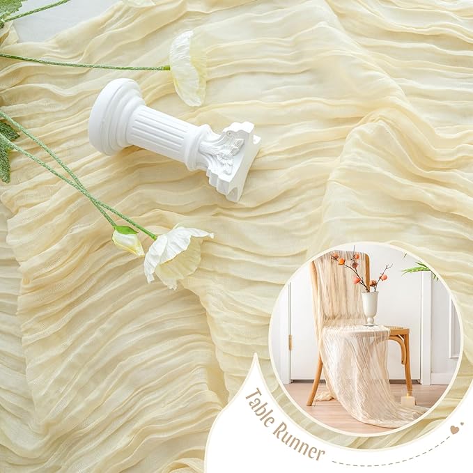 Sioloc Beige Cheesecloth Table Runner 120'' x 35'',Spring Easter Decor Soft Gauze Boho Wedding Table Decor for 10ft Table Birthday Party,Baby Shower, Bridal Shower, Home & Event Decor