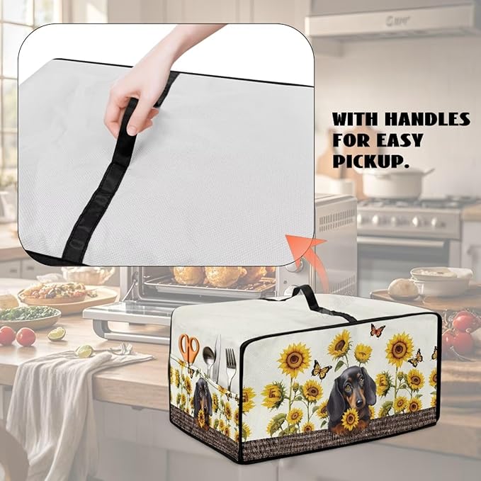 Dachshund Dog Sunflower Butterfly Print Microwave Oven Dust Cover Dustproof Microwave Toaster Oven Cover Polyester-Linen Fabric Kitchen Machine Covers for Toaster Oven Air Fryer, L