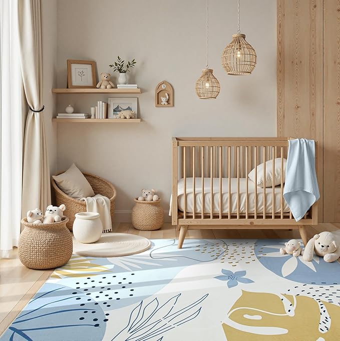 Lahome Boho Machine Washable 6x9 Area Rug for Living Room - Non-Slip Ultra-Thin Soft Bedroom Carpet, Botanical Print Indoor Rugs for Dining Room Classroom Nursery Office, Blue
