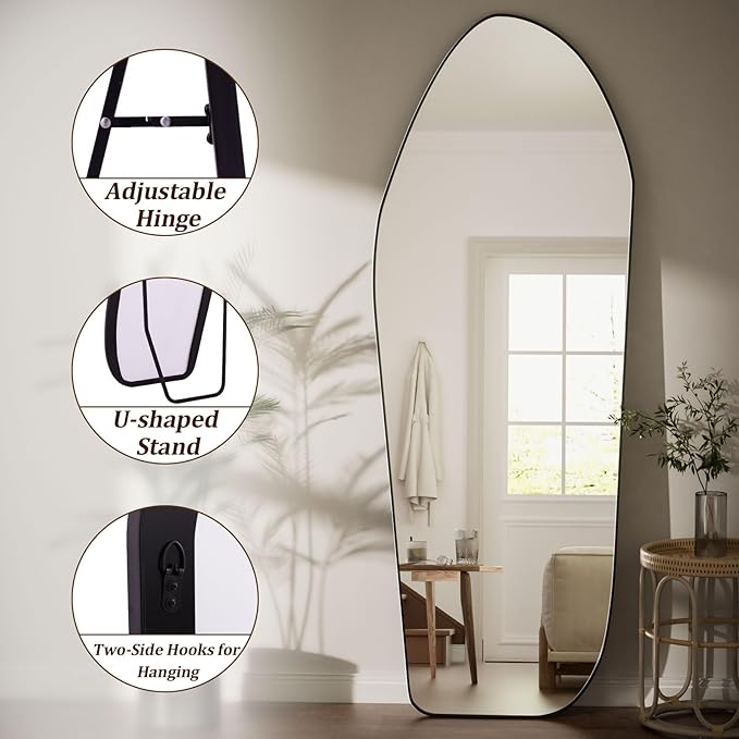 Full Length Mirror - 67"x24" Irregular Diamond Shaped Floor Mirror Aluminum Frame Floor Mirror Full Length for Bedroom Living Room Cloakroom Decor Black