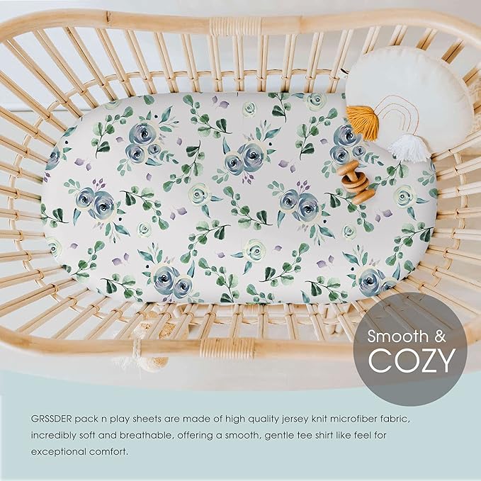 Stretchy Ultra Soft Fitted Bassinet Sheet Set 2 Pack, Universal Cradle Sheet Set for Rectangle, Oval, or Hourglass Bassinet Pad/Mattress, Blue Rose for Girls and Boys