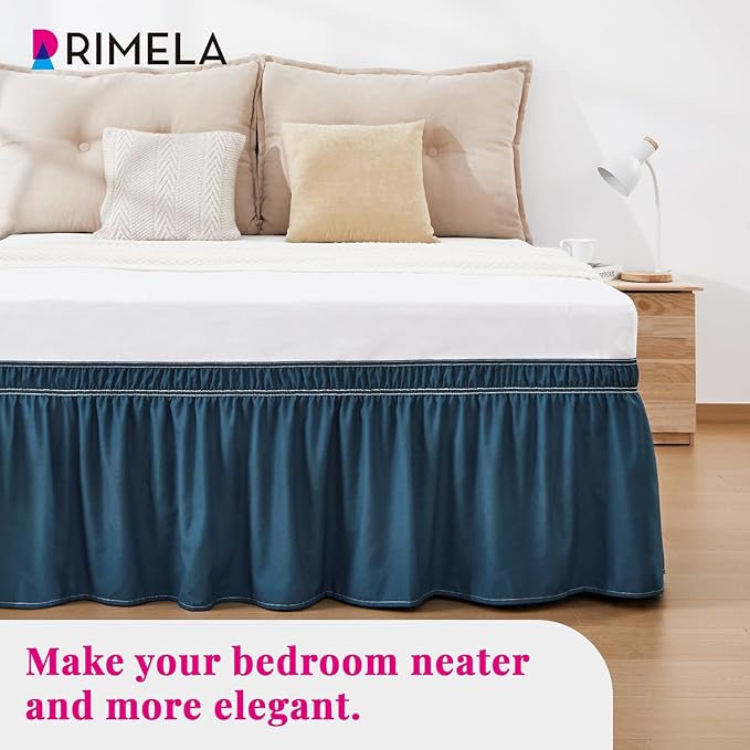 RIMELA Dusty Navy Bed Skirt Queen Size 15 Inch Drop, Wrap Around Elastic Bedskirt, Dust Ruffle for Adjustable Bed Base Machine Washable Easy to Install Bed Skirts