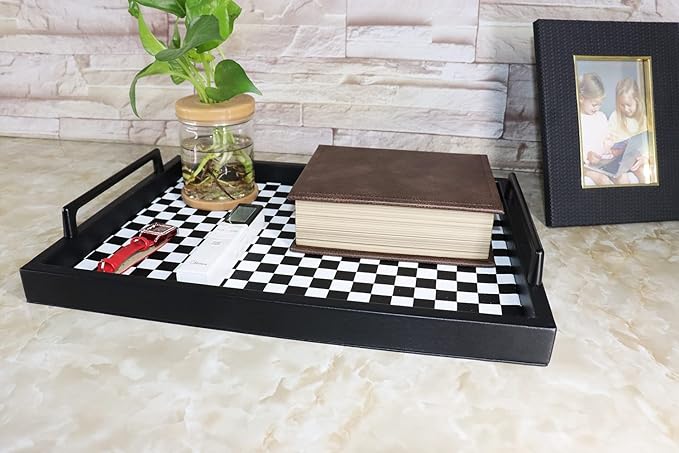 MCBZ Living Room Coffee Table Decorative Tray, Food Service Tray, Leather Ottoman Tray,with Metal Handles 16.5 x 12.6 in (Black and White Grid)
