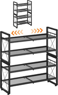 ELYKEN Shoe Rack, 4-Tier Expandable Shoe Organizer for Entryway, Metal Black Shoe Shelf with 8 Hooks, Adjustable Shoe Stand Holder for Closet, Garage, Door Entrance