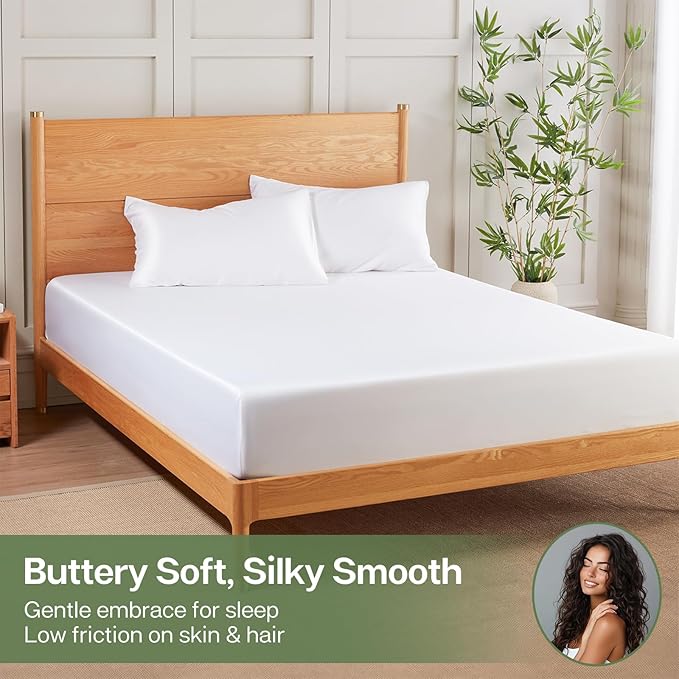 MR&HM King Fitted Sheet Only, Ultra-Soft Rayon Derived from Bamboo & Polyester Blend, Silky & Breathable, 15" Deep Pocket with Elastic Straps, Cooling Fitted Sheet for Hot Sleepers, White