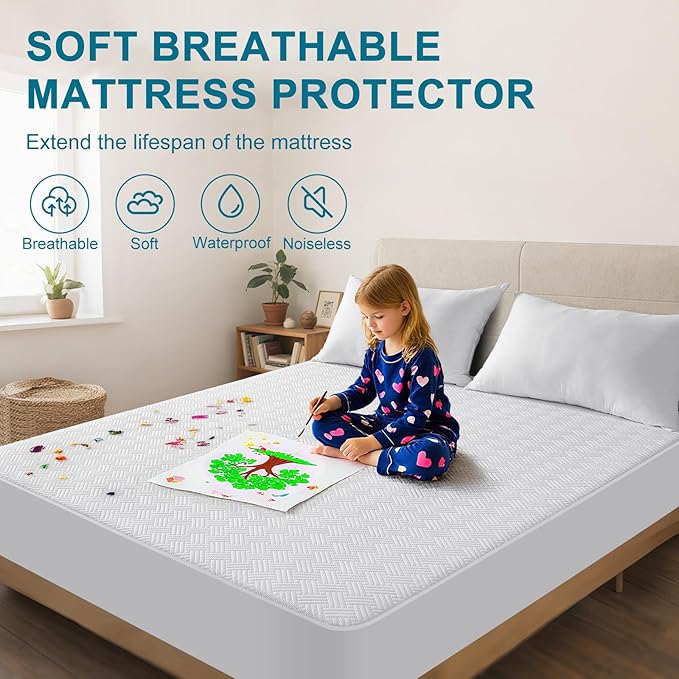 Waterproof Mattress Protector Twin Size - Breathable, Noiseless, Ultra-Soft Bed Cover, Mattress Pad Cover with Deep Stretchable Pockets 8"-21" (White)