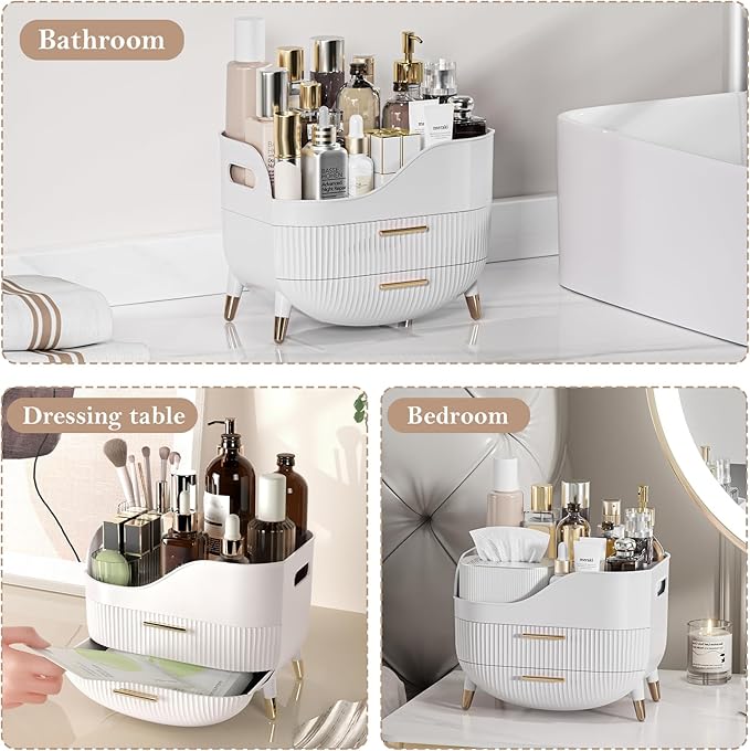 Makeup Organizer for Vanity, Large Capacity Skincare Cosmetic Organizer Countertop with 2 Drawers, Cosmetic Display Cases Makeup Storage Box for Bedroom, Bathroom, Ideal Gifts for Women(White)