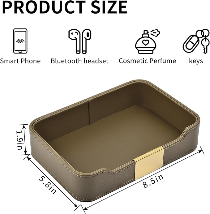 Luxury Leather Valet Tray Desktop Storage Organizer,Bedside Vanity Catchall Tray Nightstand Caddy Holder for Cosmetic,Jewelry,Watch,Keys,Phone,Wallet,Remote Controller,Pen,Olive Green
