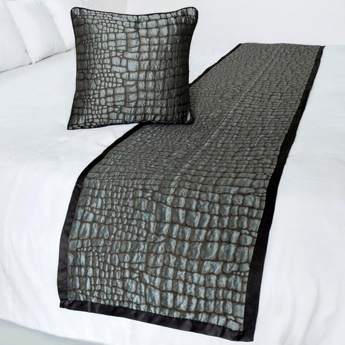 The HomeCentric King/Queen/Twin Blue & Grey Designer Twin 53"x18" Bed Runner with 2 Pillow Cover, Animal Mystery Bed Scarf on Silk Fabric - Animal Mystery