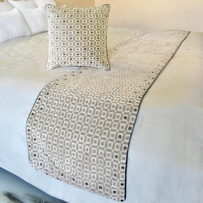 The HomeCentric King/Queen/Twin Grey Designer Full 68"x18" Bed Runner with 2 Pillow Cover, Checkered, Beaded, Hand Embroidery Bed Scarf on Velvet Fabric - The Brick Effect