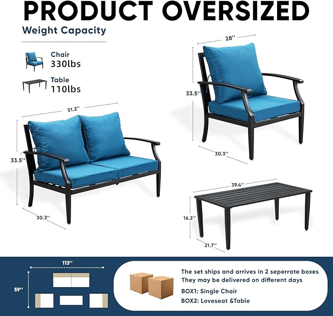 4 Piece Outdoor Patio Furniture Set, Oversized Metal Conversation Set