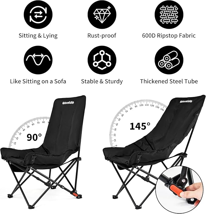 Naturehike Seastar Padded Camping Chair, Oversized 2-Position Adjustable Folding Chair, Portable Camp Chair with Side Pocket & Carry Bag