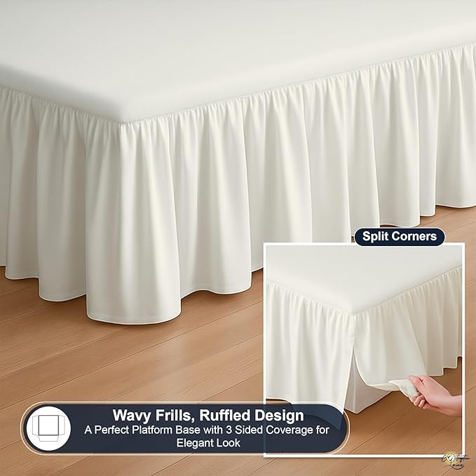 Cottington Lane Ruffled Bed Skirt King Size with Split Corner, Brushed Microfiber Hotel Quality Ivory Dust Ruffle, 12 Inch Drop Gathered Bedskirt, Soft and Stylish, Shrinkage and Fade Resistant