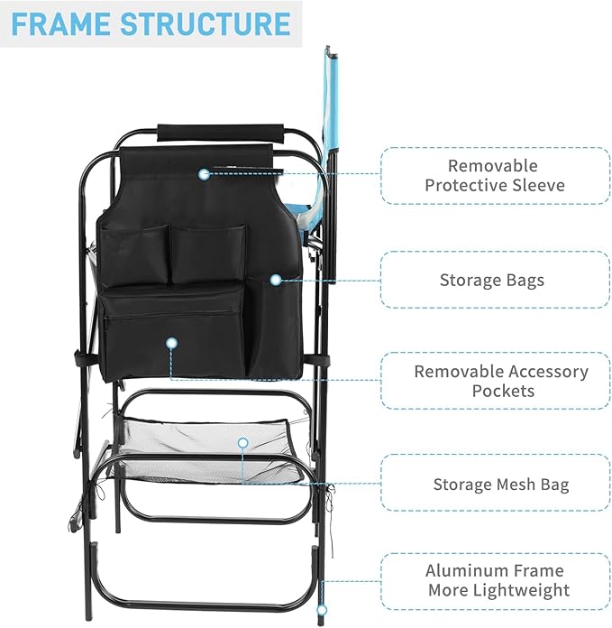 Outvita 4 Piece 31" Tall Directors Chair Height Seat Folding with Side Table Storage Bag, Support for 300Lbs Portable Makeup Artist Chair with Bar Height(Blue/Black)