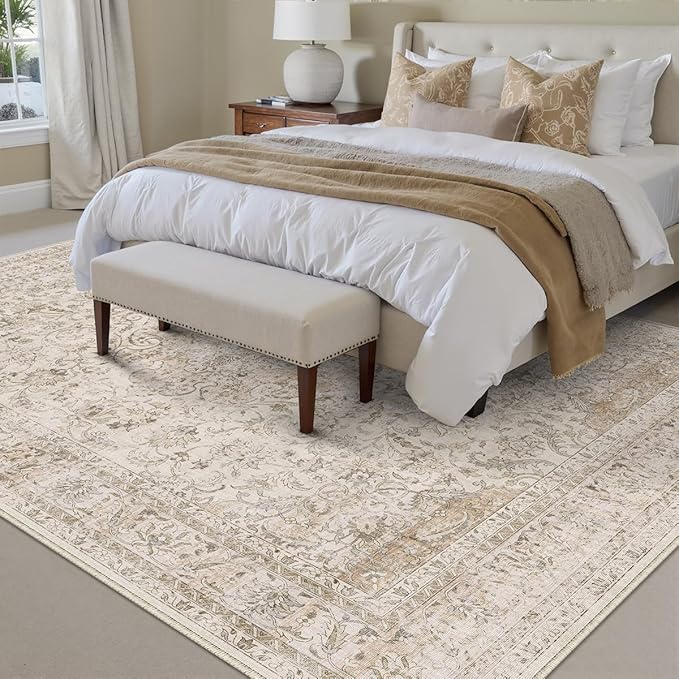 9x12 Beige Area Rug Vintage Living Room Bedroom Washable Carpet Non-Slip Soft Low Pile Distressed Indoor Large Throw Rug for Dining Room Office