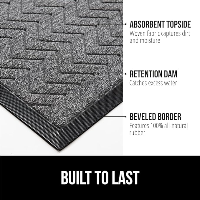 GORILLA GRIP 100% Waterproof All-Season WeatherMax Doormat, 47x35, Durable Natural Rubber, Stain and Fade Resistant, Low Profile, Indoor Outdoor Door Mats, Easy Clean Patio Entrance Mat, Steel Chevron