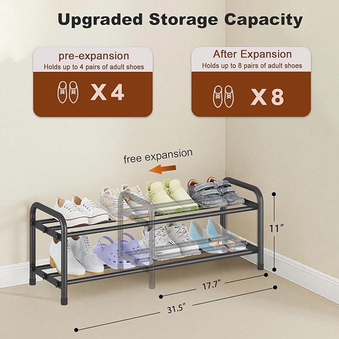 KANAV 2-Tier Expandable Shoe Rack, Adjustable Shoe Organizer & Storage for Closet, Small Space Saving Shoe Rack for Entryway, Bedroom, or Office – Sturdy & Durable Design