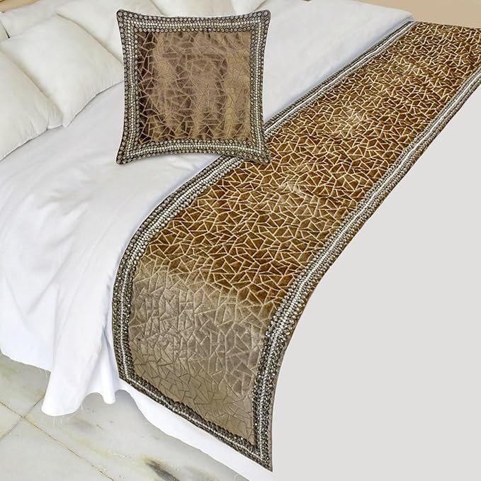 The HomeCentric King/Queen/Twin Brown Decorative Bed Runner Twin 53"x18" Bed Runner Without Pillow Cover, Border, Crystal, Cut Velvet, Mosiac Pattern Bed Scarf on Velvet Fabric - Velvet Fusion