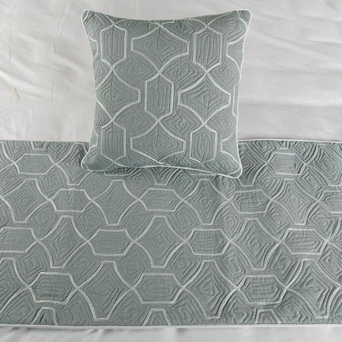 The HomeCentric King Queen Twin Grey Blue Bed Runner with Decorative Throw Pillow Cover, Twin Size 53"x18" Bed Runner with Pillow Cover, Linen Quilted Embroidery, Modern Contemporary - Atmosphere
