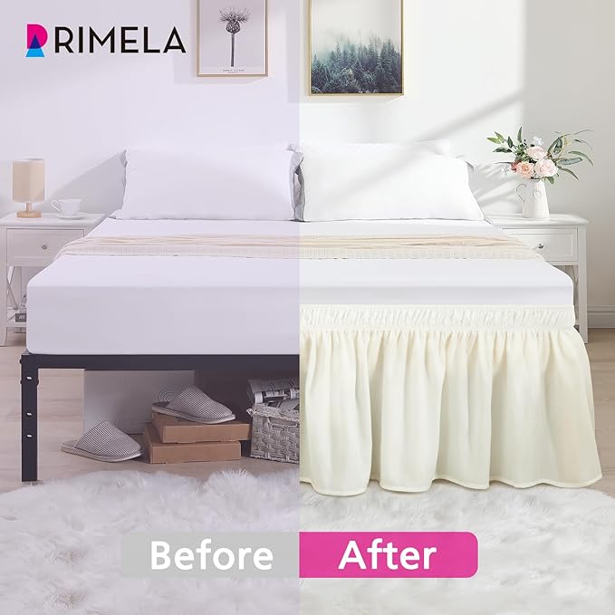 RIMELA Cream Queen Bed Skirt 18 Inch Drop, Wrap Around Elastic Bed Skirts Queen Size Dust Ruffle, Bedskirt for Adjustable Bed Base Solid Fade Resistant Silky Fabric Machine Washable