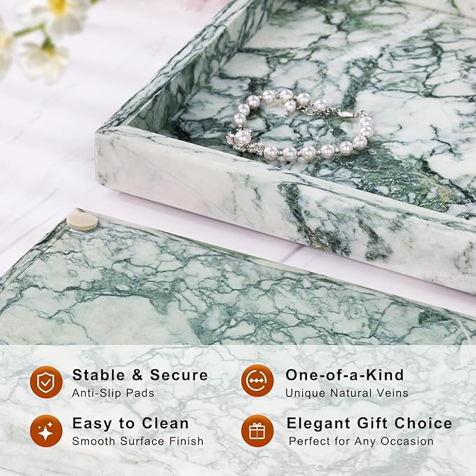 Marble Bathroom Tray for Countertop & Home Decor, Natural Decorative Marble Tray for Jewelry & Perfume Organizer, Luxury Stone Vanity Trays for Dresser, Kitchen Counter, 12" x 8", Jade Green