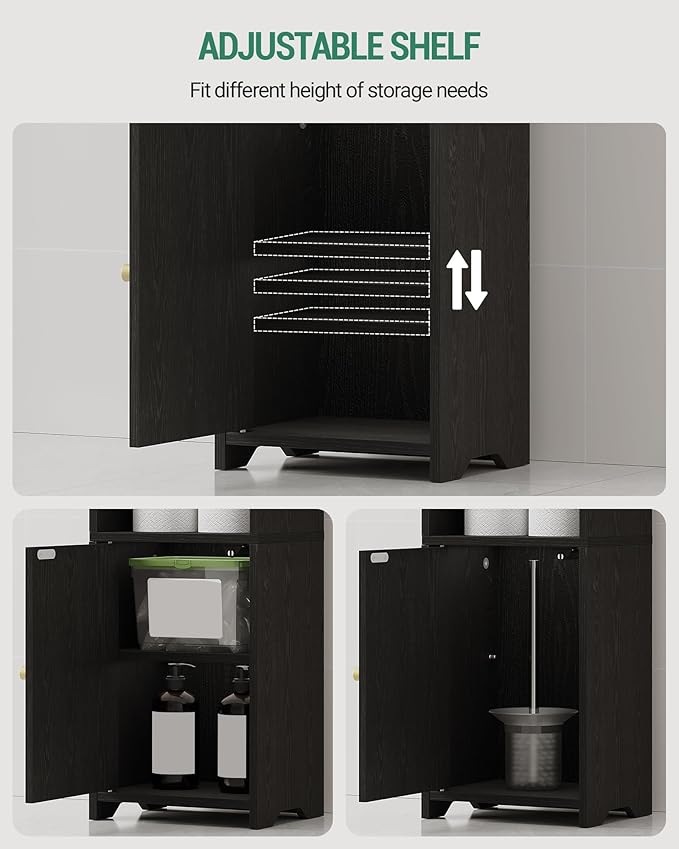 Hzuaneri Bathroom Storage Cabinet, Corner Floor Cabinet with Doors and Adjustable Shelf, Narrow Toilet Paper Cabinets, Bathroom Organizer for Small Spaces, Black BC39704X