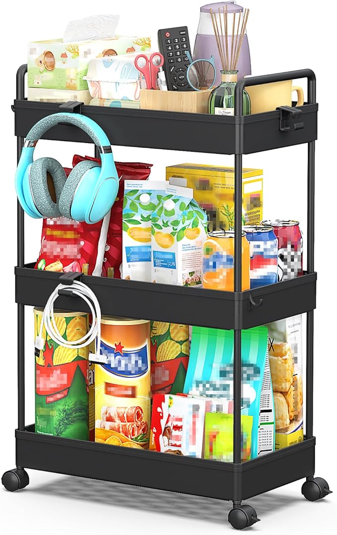 SOLEJAZZ 3 Tier Rolling Storage Cart with Wheels Slim Craft Nail Makeup Snack Art Baby Utility Cart Organizer on 2 Lockable Wheels for Bathroom Laundry Room Kitchen Bedside Narrow Spaces, Black