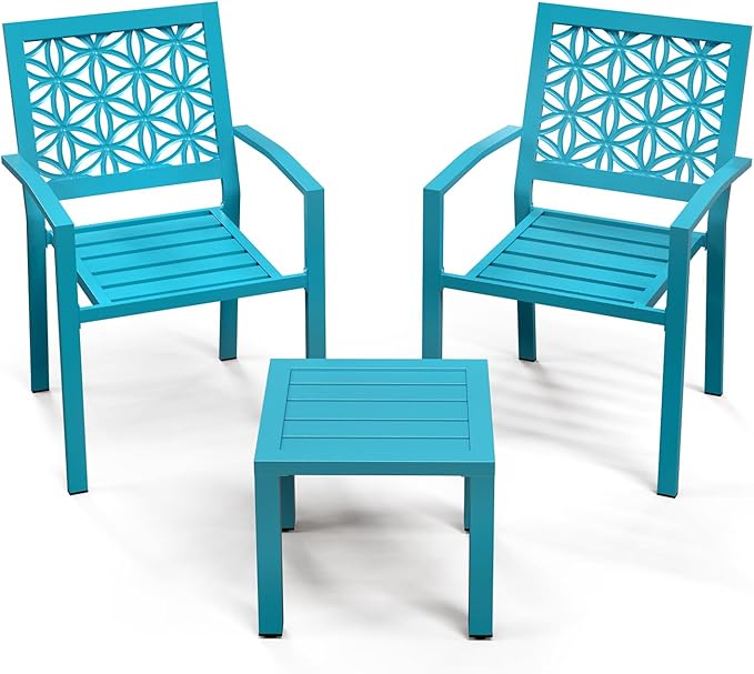 VINGLI 3-Piece Outdoor Bistro Set, Stackable Modern Metal Steel Table and Chairs