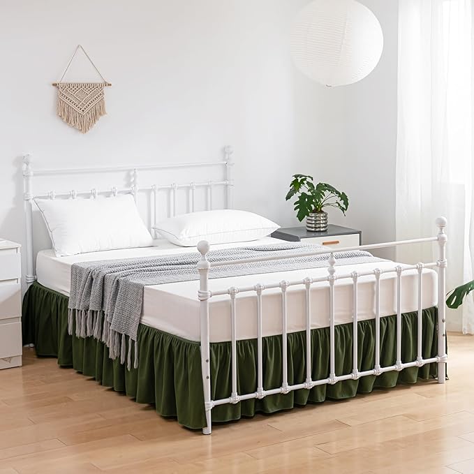 Bed Skirt King Size Ruffled Bed Skirts with Split Corners, 14 Inch Drop Dust Ruffle Bed Skirt with Platform, Green