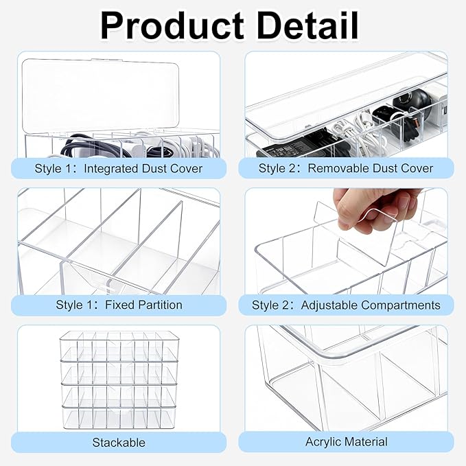 Cheardia 4 Pack Cable Organizer Box with Wire Ties, 2 Style Plastic Cord Storage Box, 10 In Adjustable Clear Charger Organizer with Lid for Electronics Office Home Desk Accessories