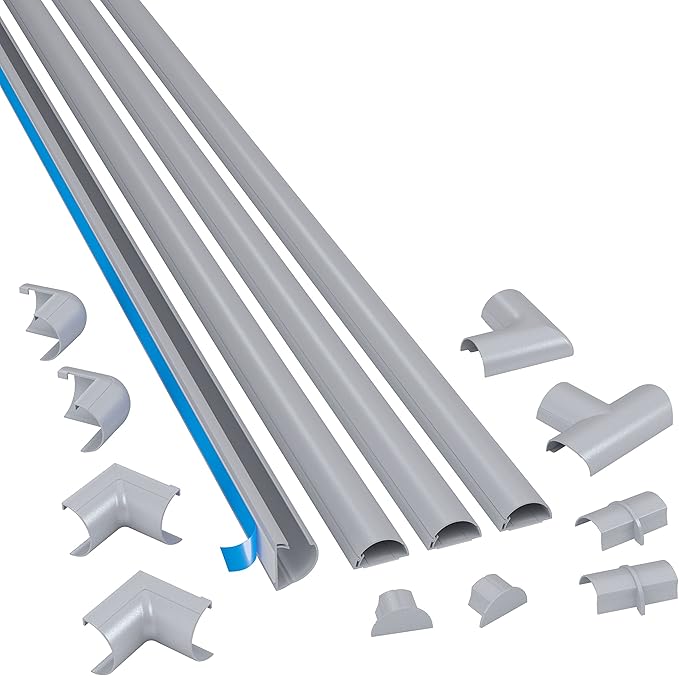 D-Line 13.12ft Cord Hider Kit, Patented Cable Cover, Hide Wires on Wall, Channel for TV Mount Cords, Raceway Wire Hiders, Paintable, Adhesive, Half Round, 4X 1.18in W x 0.59in H x 39in Lengths, Gray