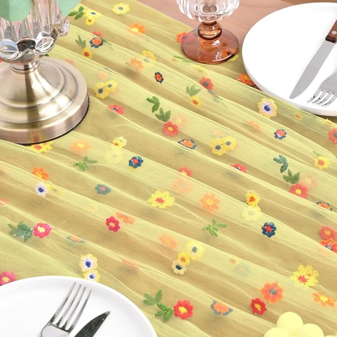 Joanlody 3pcs Yellow Embroidery Daisy Spring Summer Table Runner Florals Seasonal Easter Tulle Table Runner Holiday Kitchen Dining Table Decoration Wedding Party