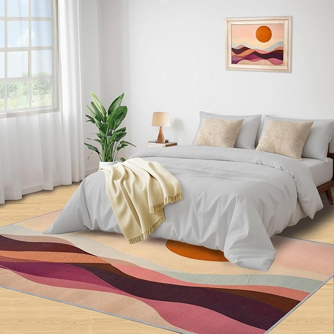 Boho Sun Runner Rugs 2x4ft, Minimalist Line Small Entryway Mats, Geometric Solar Laundry Room Rug Non Slip Durable Throw Rugs for Front Door Bedroom Bedside