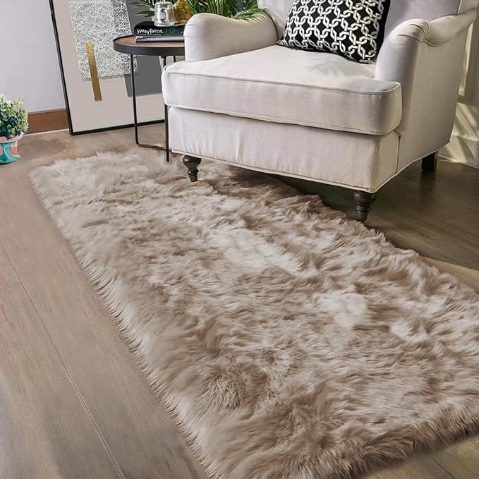 Latepis Throw 2x6 Rug Runner Light Brown Faux Fur Rug Washable Shaggy Rug Fluffy Plush Soft Rugs for Living Room Bedroom Dorm Floor Sofa Furry Beige