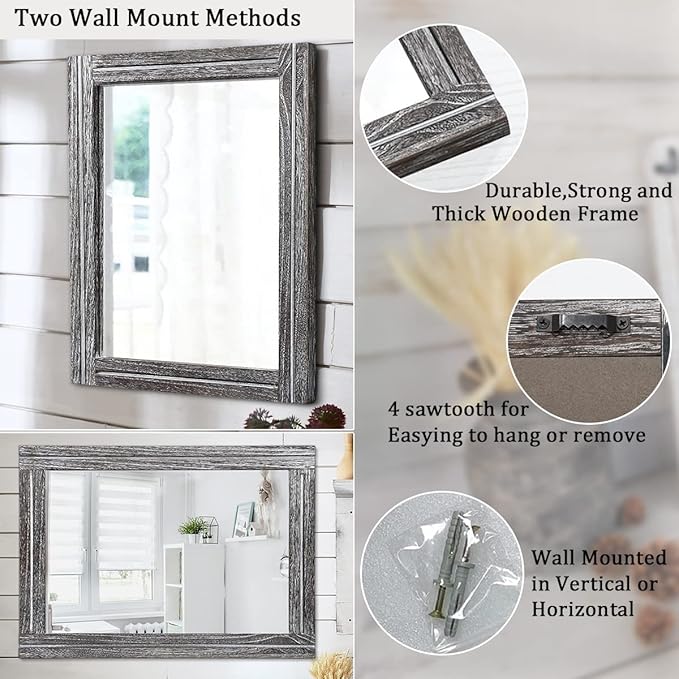 AAZZKANG Rustic Mirrors Large Wood Framed Wall Mirror 28"x20" Rectangle for Bedroom Bathroom Farmhouse Entryway