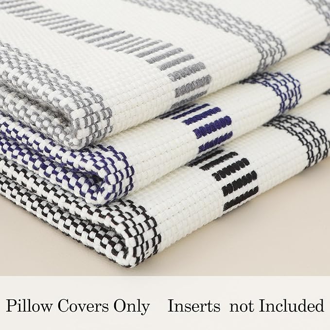 Smile Bee Boho Outdoor Couch Throw Pillow Covers Set of 2, Decorative Thick Woven Striped Accent Neutral Pillow Covers with Tassels for Bed Sofa Home Decor, 18x18 Inch, Black and Cream White