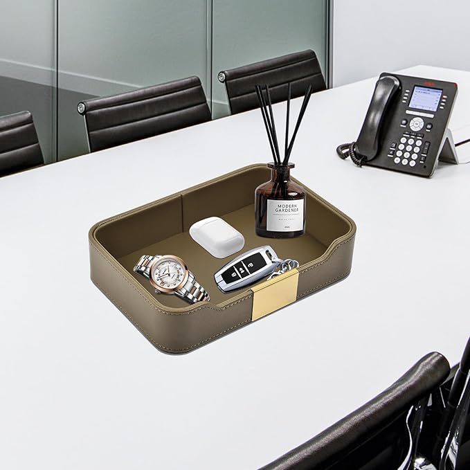 Luxury Leather Valet Tray Desktop Storage Organizer,Bedside Vanity Catchall Tray Nightstand Caddy Holder for Cosmetic,Jewelry,Watch,Keys,Phone,Wallet,Remote Controller,Pen,Olive Green