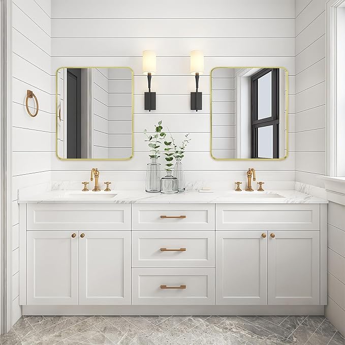 Gold Metal Framed Bathroom Mirror for Wall, Brushed Gold Rounded Corner Rectangular Bathroom Vanity Mirror, Anti-Rust, Tempered Glass (30" x 36", Gold)