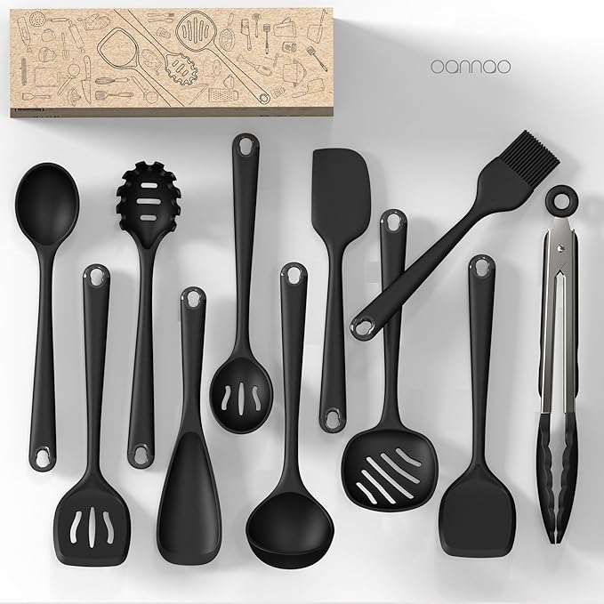 oannao Silicone Kitchen Utensils Set, 600°F Heat Resistant Silicone Cooking Utensils, Spatula, Spoon, Whisk, Tongs, Kitchen Gadgets Sets for Nonstick Cookware, Dishwasher Safe BPA Free (Black)