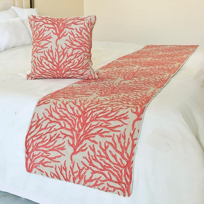 The HomeCentric King/Queen/Twin Coral, Peach & Pink Designer Twin 53"x18" Bed Runner Without Pillow Cover, Coral, Pearl Embroidery, Under The Sea & Beach Theme on Linen Fabric - Coraline Pearls