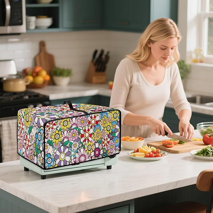 Convection Toaster Oven Dustproof Cover Countertop Air Fryer Toaster Oven Cover with Pockets, Small Appliances Protector, M, 16.5 x 20.5 x 10 Inch, Groovy Hippie Flower