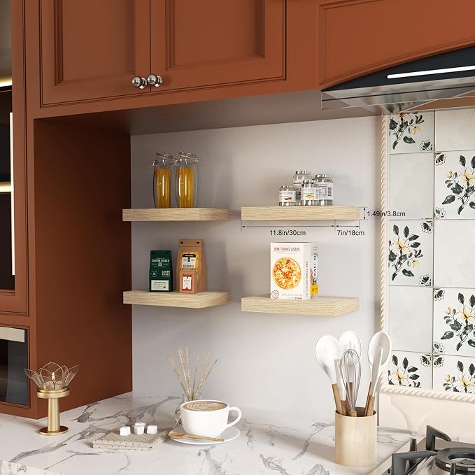 Oak Floating Shelves for Wall, Kitchen & Living Room Decor Display, for Plants