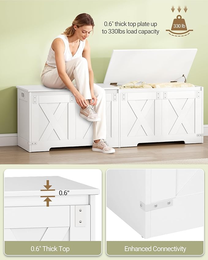 Hzuaneri 59" Storage Chest, Large Storage Trunk with 2 Hinges, Farmhouse Wooden Box Bench, Lift-Top Organizer Chest, Entryway Trunk for Bedroom, Living Room, White SB15003X