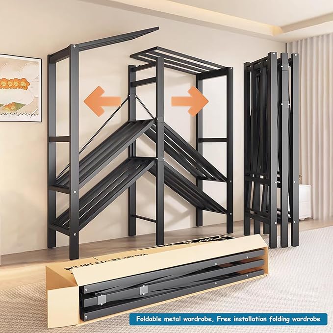 Heavy Duty Covered Clothes Rack with Magnetic Door Foldable Portable Wardrobe Closet for Hanging Clothing Rolling Black Metal Garment Rack on Wheels Closet System (Gray, 74.7in)