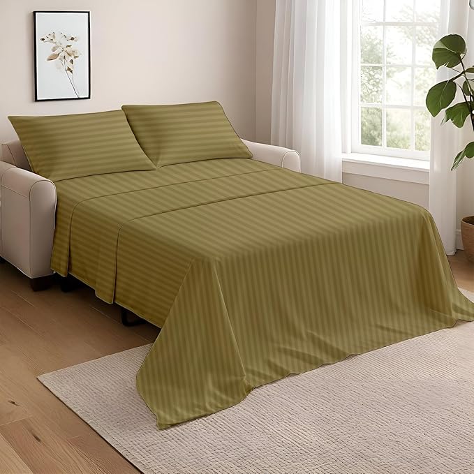 NON Sticky cotton Queen Size Sleeper Sofa Sheets, 4 Piece Egyptian Cotton Bed Sheet Set for Sofa Bed, 7" Deep Pocket for Pull Out Couch Mattress, 60" x 75", Taupe Stripe, Soft & Breathable