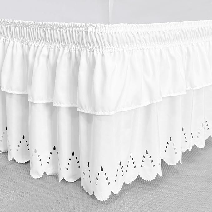 King Bed Skirt, Double-Layered Ruffled Eyelet Bed Skirt, Wrap-Around Elastic Dust Ruffle King Size with Gathered Styling and Embroidered Details, 18" Drop Length (White)